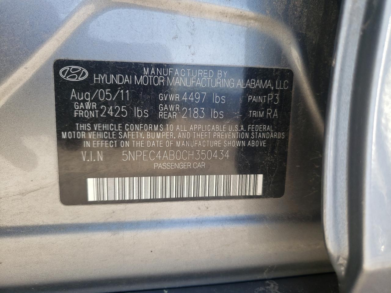 Photo 10 from auction – 2012 HYUNDAI SONATA SE with VIN 5NPEC4AB0CH350434