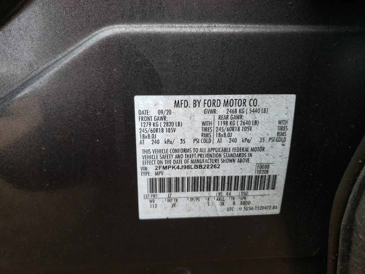 Photo 10 from auction – 2020 FORD EDGE SEL with VIN 2FMPK4J98LBB22262