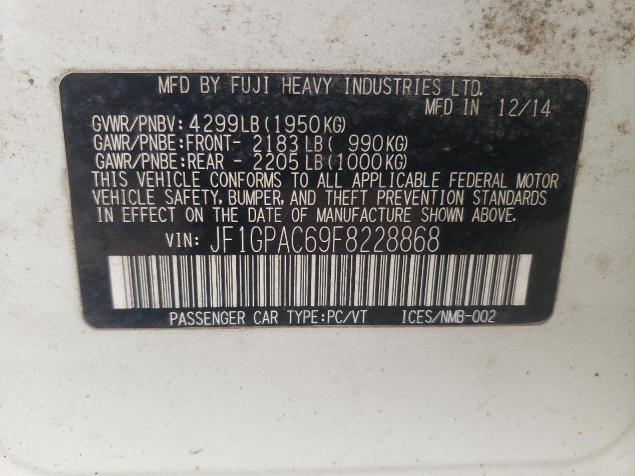 Photo 10 from auction – 2015 SUBARU IMPREZA PR with VIN JF1GPAC69F8228868