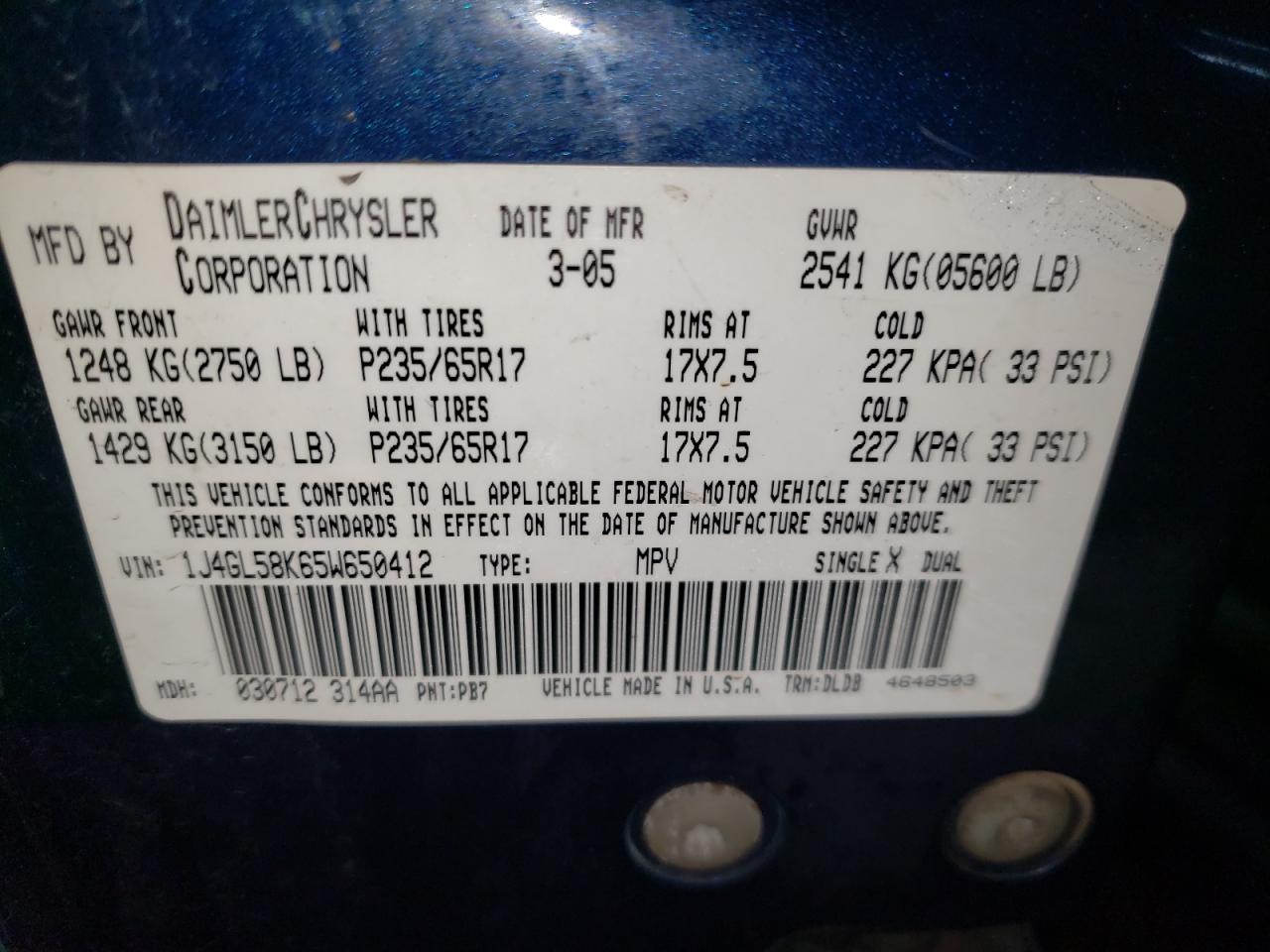 Photo 10 from auction – 2005 JEEP LIBERTY LI with VIN 1J4GL58K65W650412