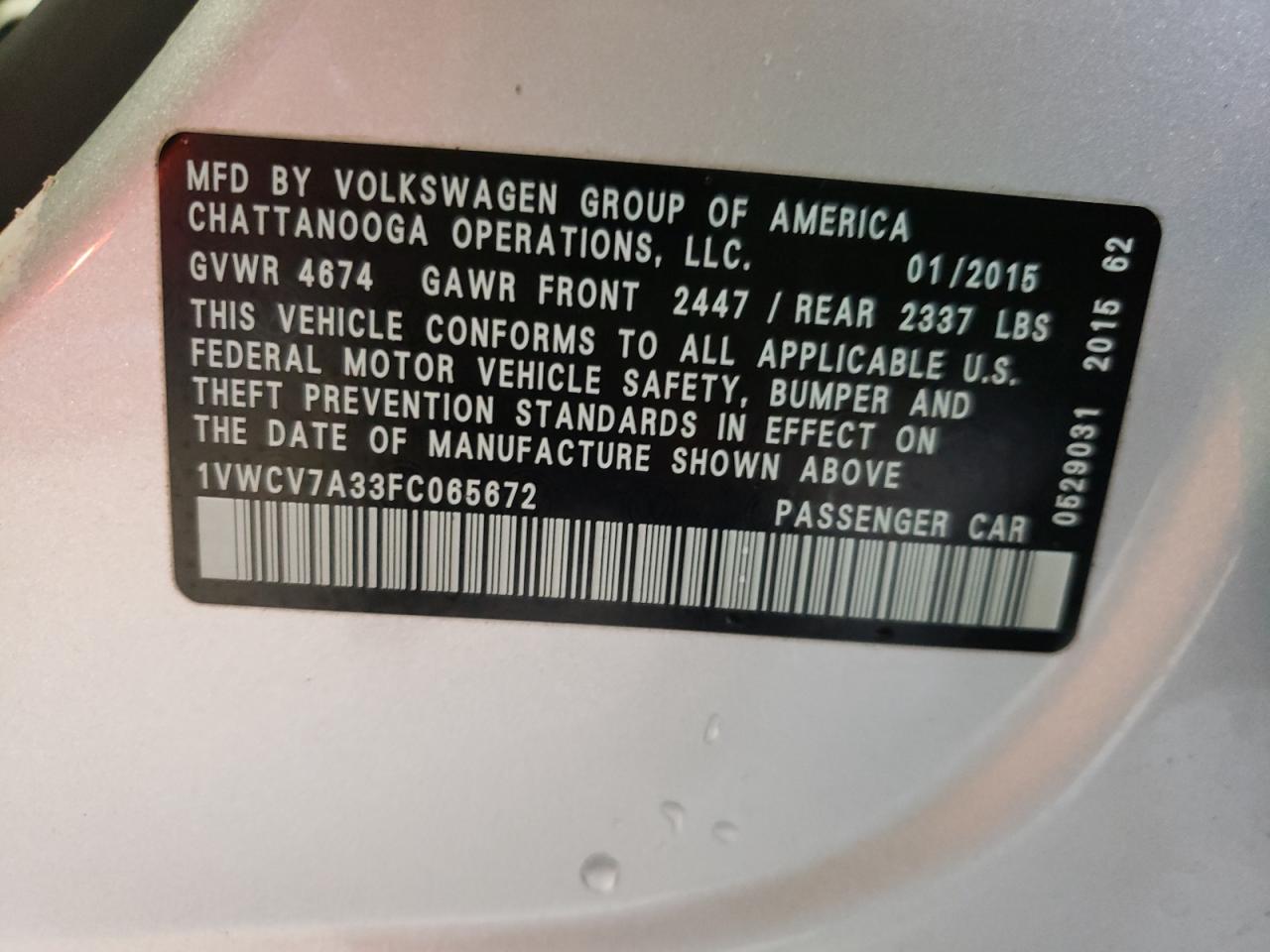 Photo 10 from auction – 2015 VOLKSWAGEN PASSAT SEL with VIN 1VWCV7A33FC065672