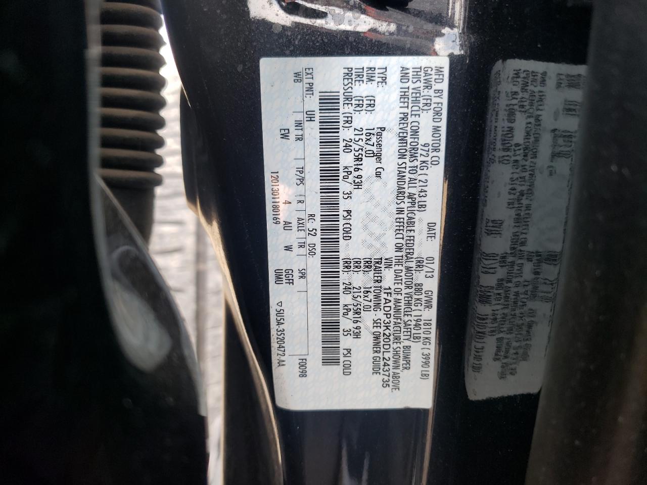 Photo 10 from auction – 2013 FORD FOCUS SE with VIN 1FADP3K20DL243735