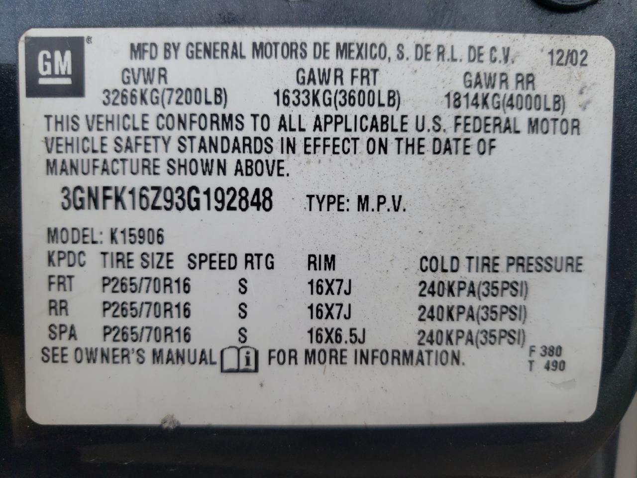 Photo 10 from auction – 2003 CHEVROLET SUBURBAN K with VIN 3GNFK16Z93G192848