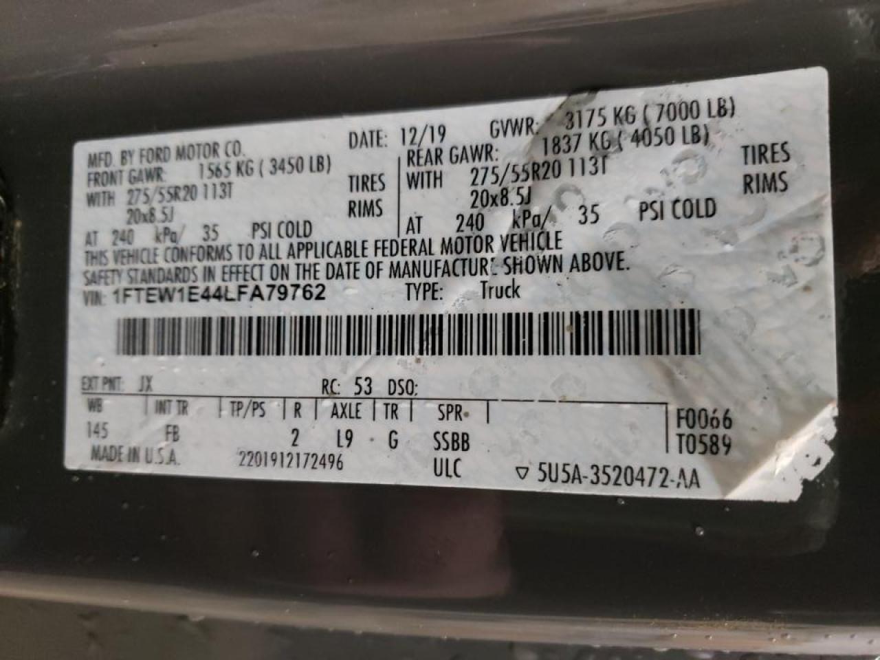 Photo 10 from auction – 2020 FORD F150 SUPER with VIN 1FTEW1E44LFA79762