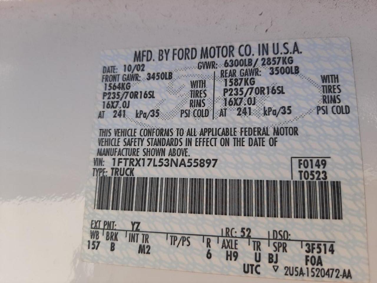 Photo 10 from auction – 2003 FORD F150 with VIN 1FTRX17L53NA55897