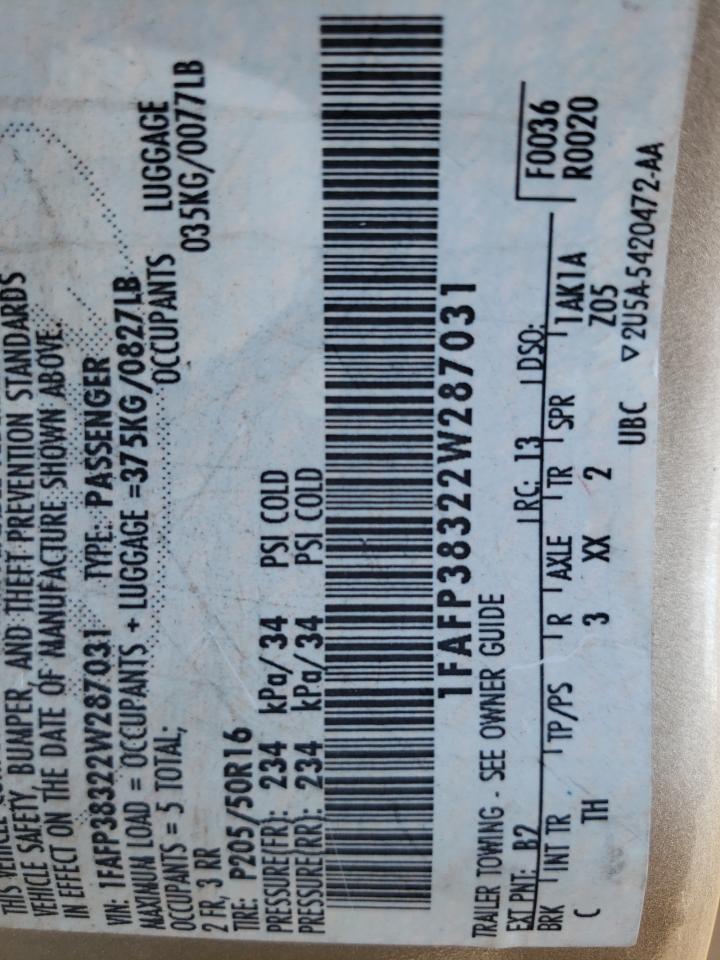 Photo 10 from auction – 2002 FORD FOCUS ZTS with VIN 1FAFP38322W287031