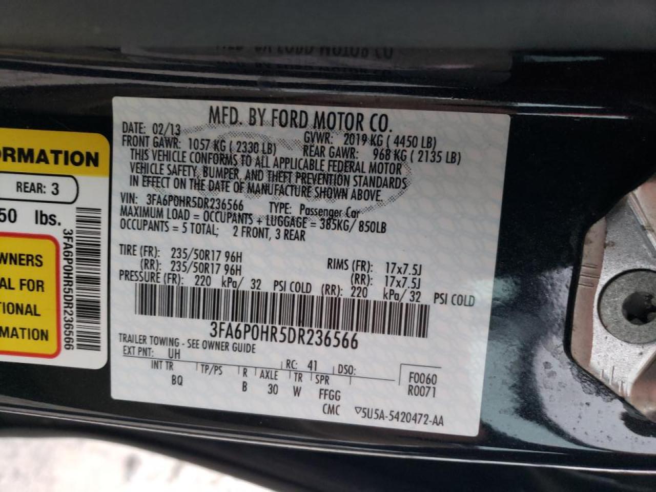 Photo 10 from auction – 2013 FORD FUSION SE with VIN 3FA6P0HR5DR236566
