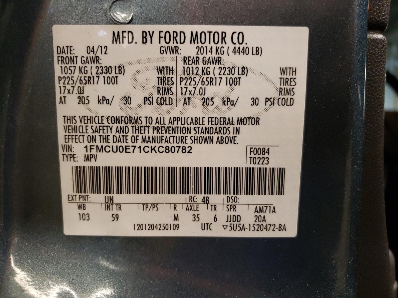 Photo 10 from auction – 2012 FORD ESCAPE LIM with VIN 1FMCU0E71CKC80782