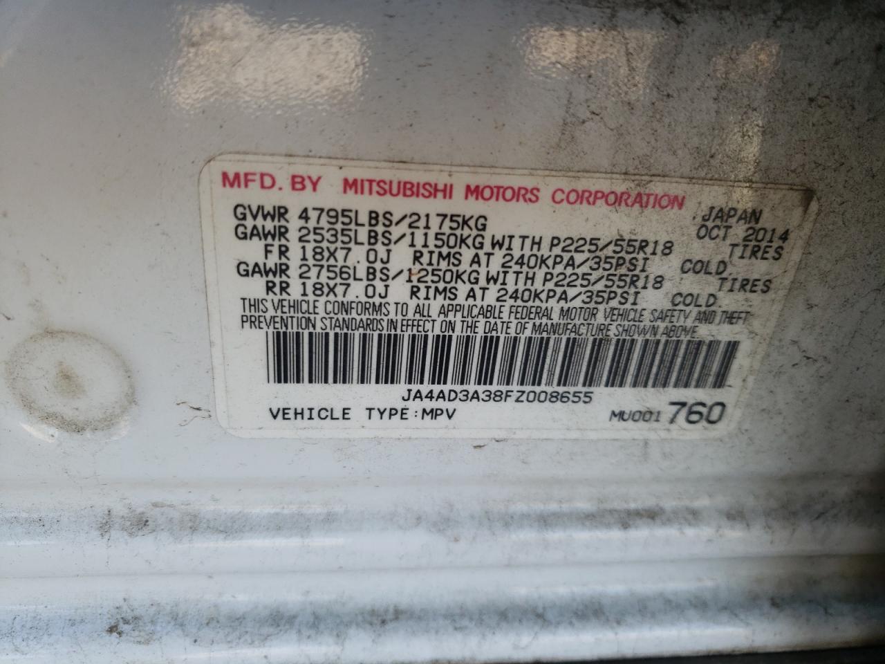 Photo 10 from auction – 2015 MITSUBISHI OUTLANDER with VIN JA4AD3A38FZ008655