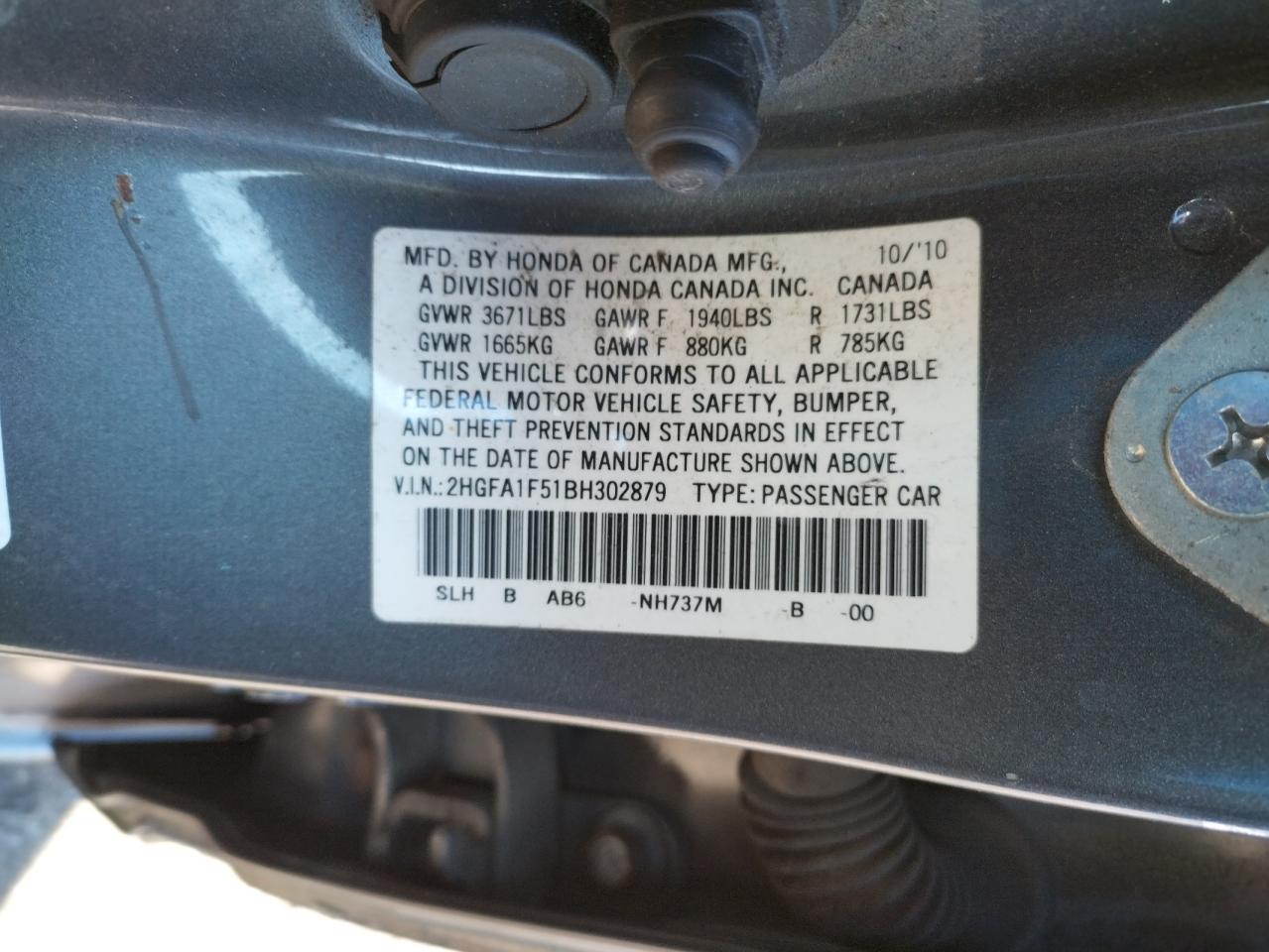 Photo 10 from auction – 2011 HONDA CIVIC LX with VIN 2HGFA1F51BH302879