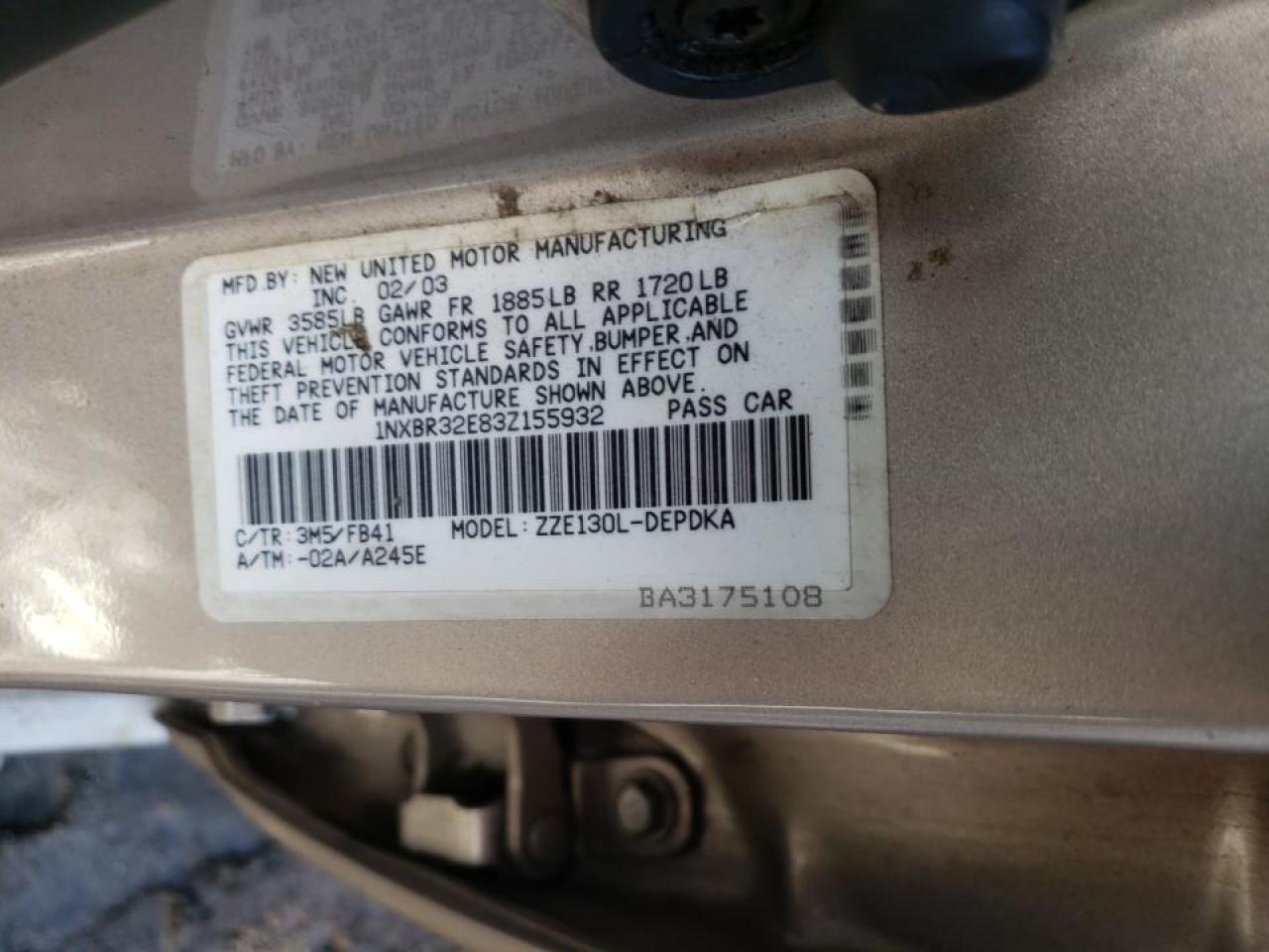 Photo 10 from auction – 2003 TOYOTA COROLLA CE with VIN 1NXBR32E83Z155932