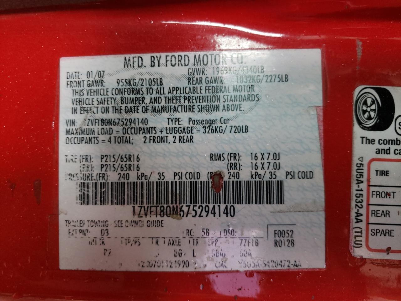 Photo 10 from auction – 2007 FORD MUSTANG with VIN 1ZVFT80N675294140