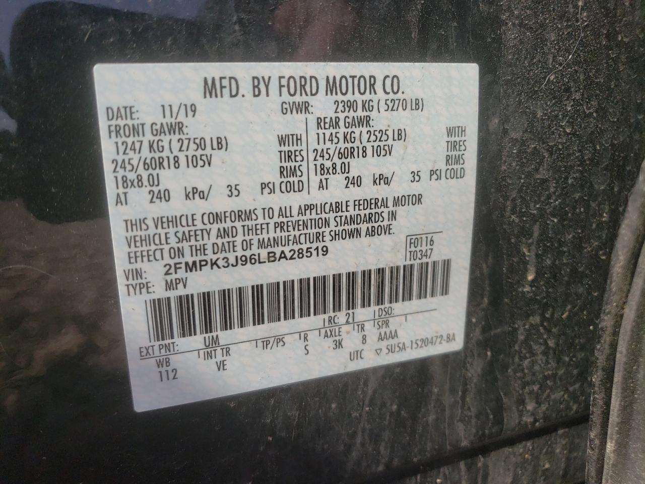 Photo 10 from auction – 2020 FORD EDGE SEL with VIN 2FMPK3J96LBA28519