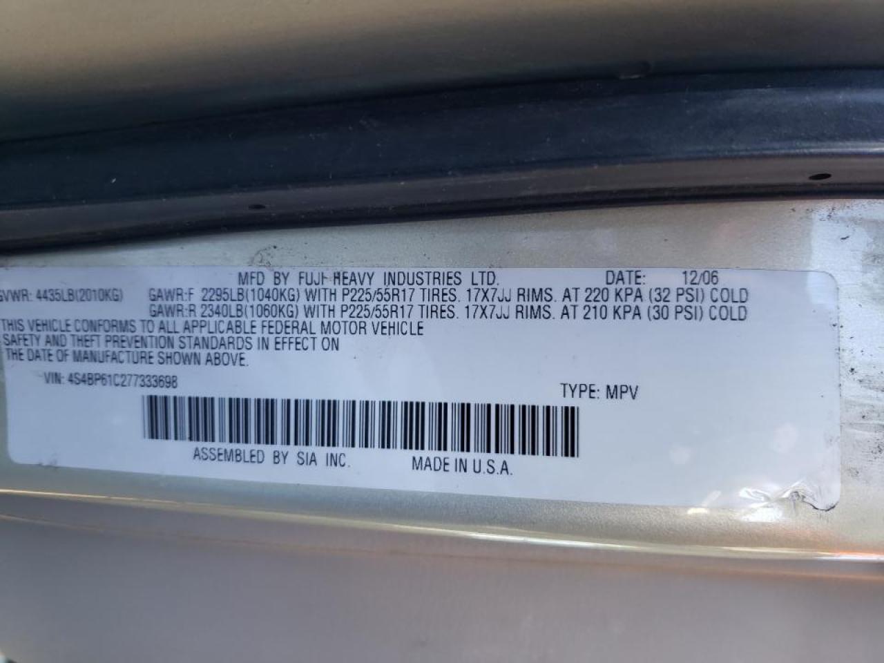 Photo 10 from auction – 2007 SUBARU LEGACY OUT with VIN 4S4BP61C277333698