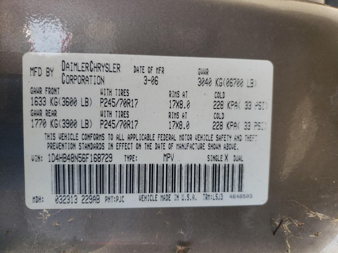 Photo 10 from auction – 2006 DODGE DURANGO SL with VIN 1D4HB48N56F168729
