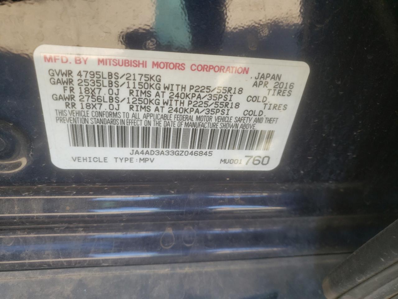 Photo 10 from auction – 2016 MITSUBISHI OUTLANDER with VIN JA4AD3A33GZ046845