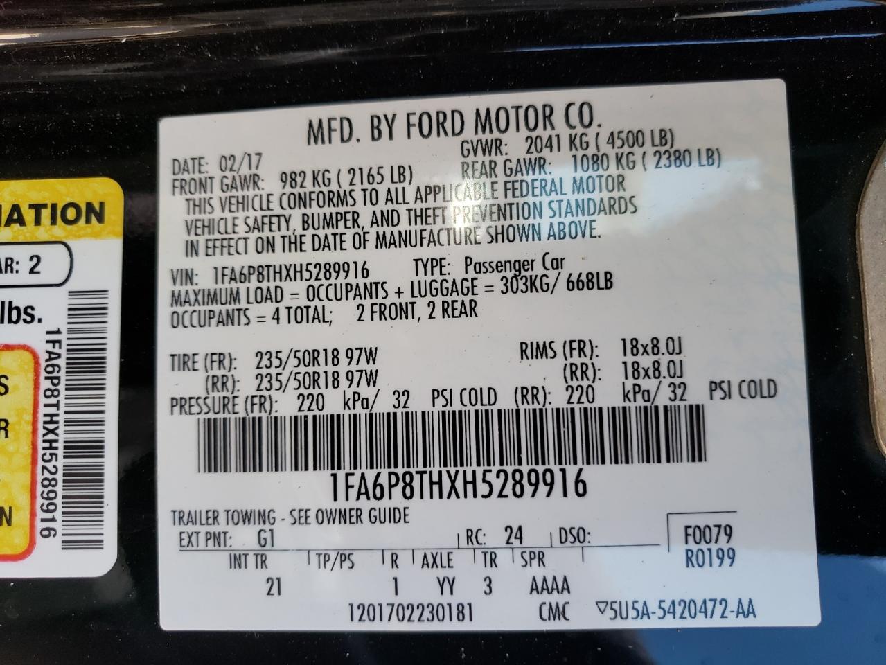 Photo 10 from auction – 2017 FORD MUSTANG with VIN 1FA6P8THXH5289916