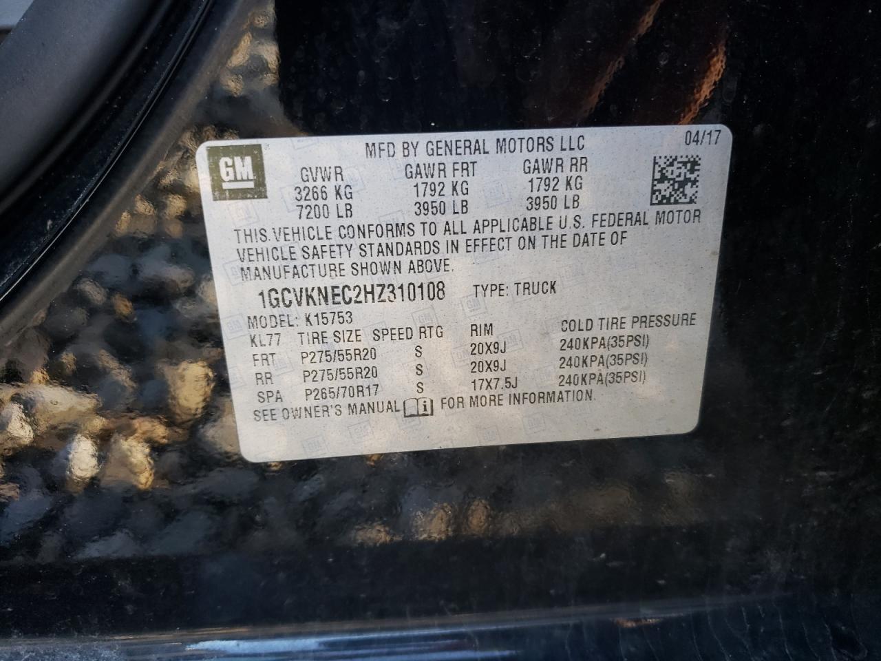 Photo 10 from auction – 2017 CHEVROLET SILVERADO with VIN 1GCVKNEC2HZ310108