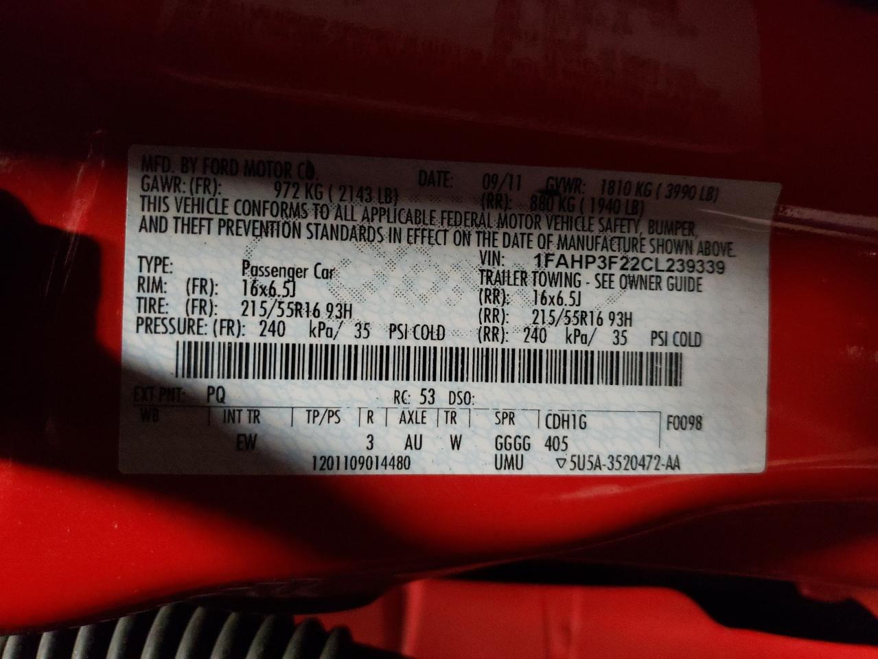 Photo 10 from auction – 2012 FORD FOCUS SE with VIN 1FAHP3F22CL239339
