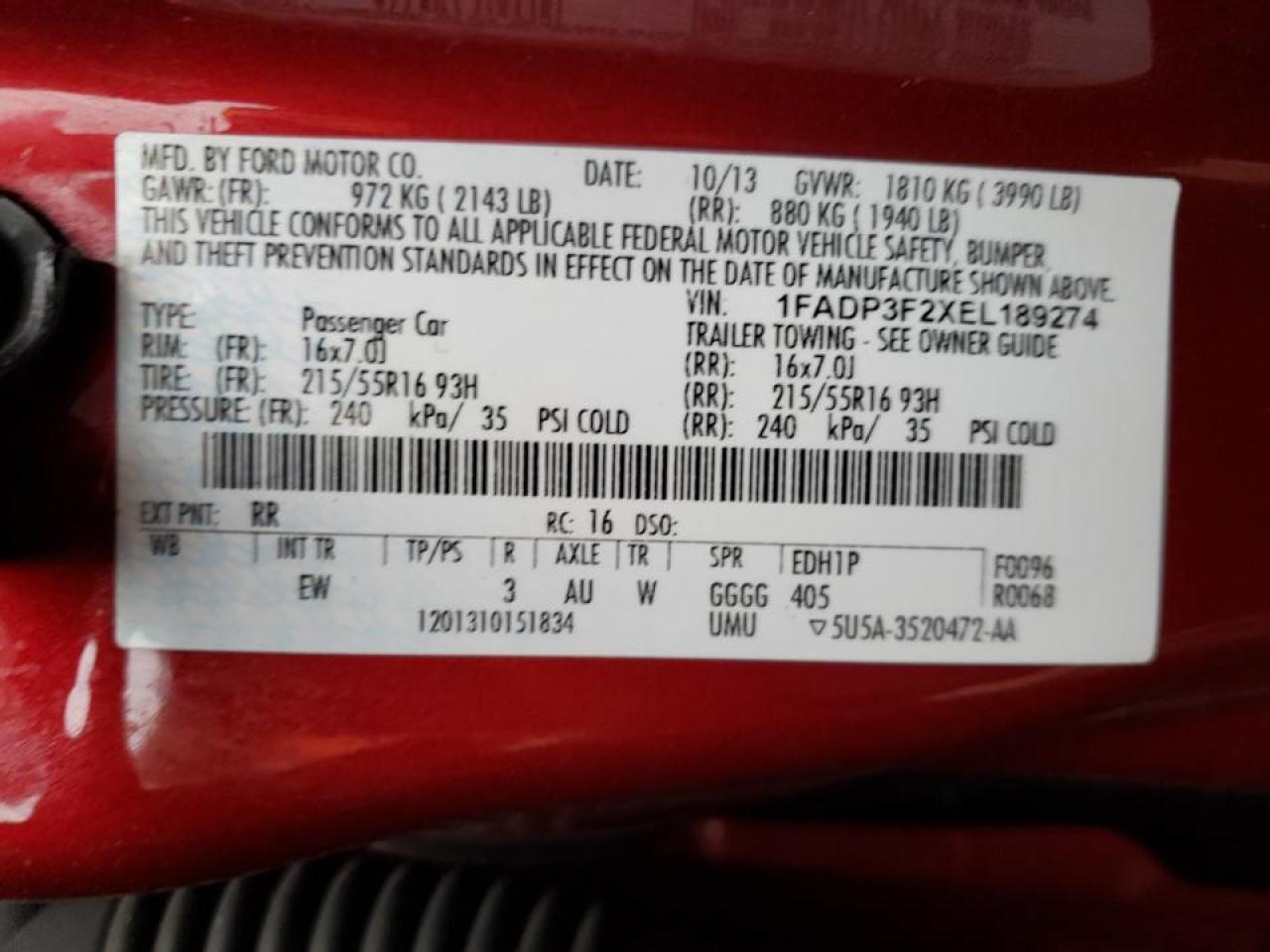 Photo 10 from auction – 2014 FORD FOCUS SE with VIN 1FADP3F2XEL189274