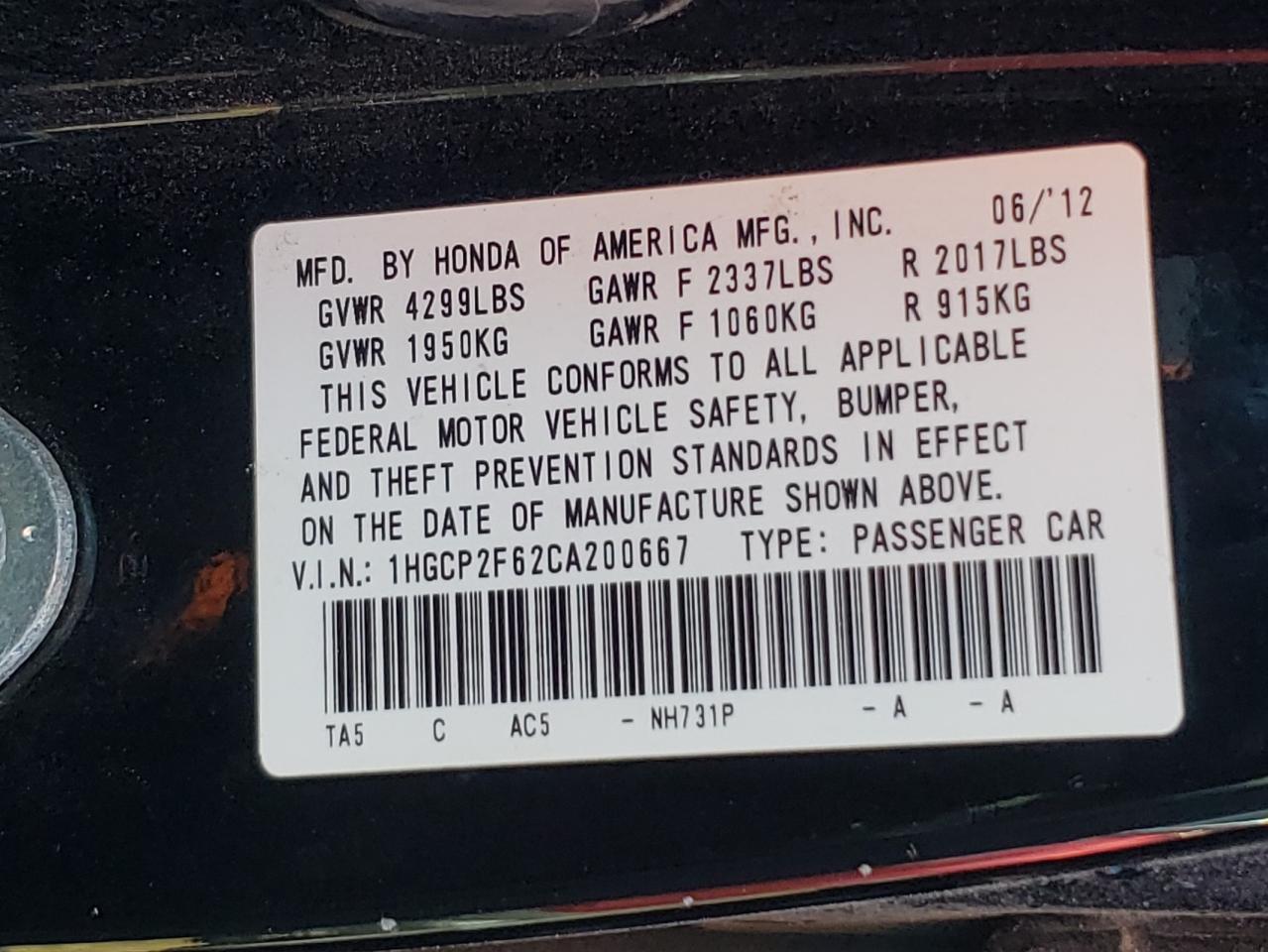 Photo 10 from auction – 2012 HONDA ACCORD SE with VIN 1HGCP2F62CA200667