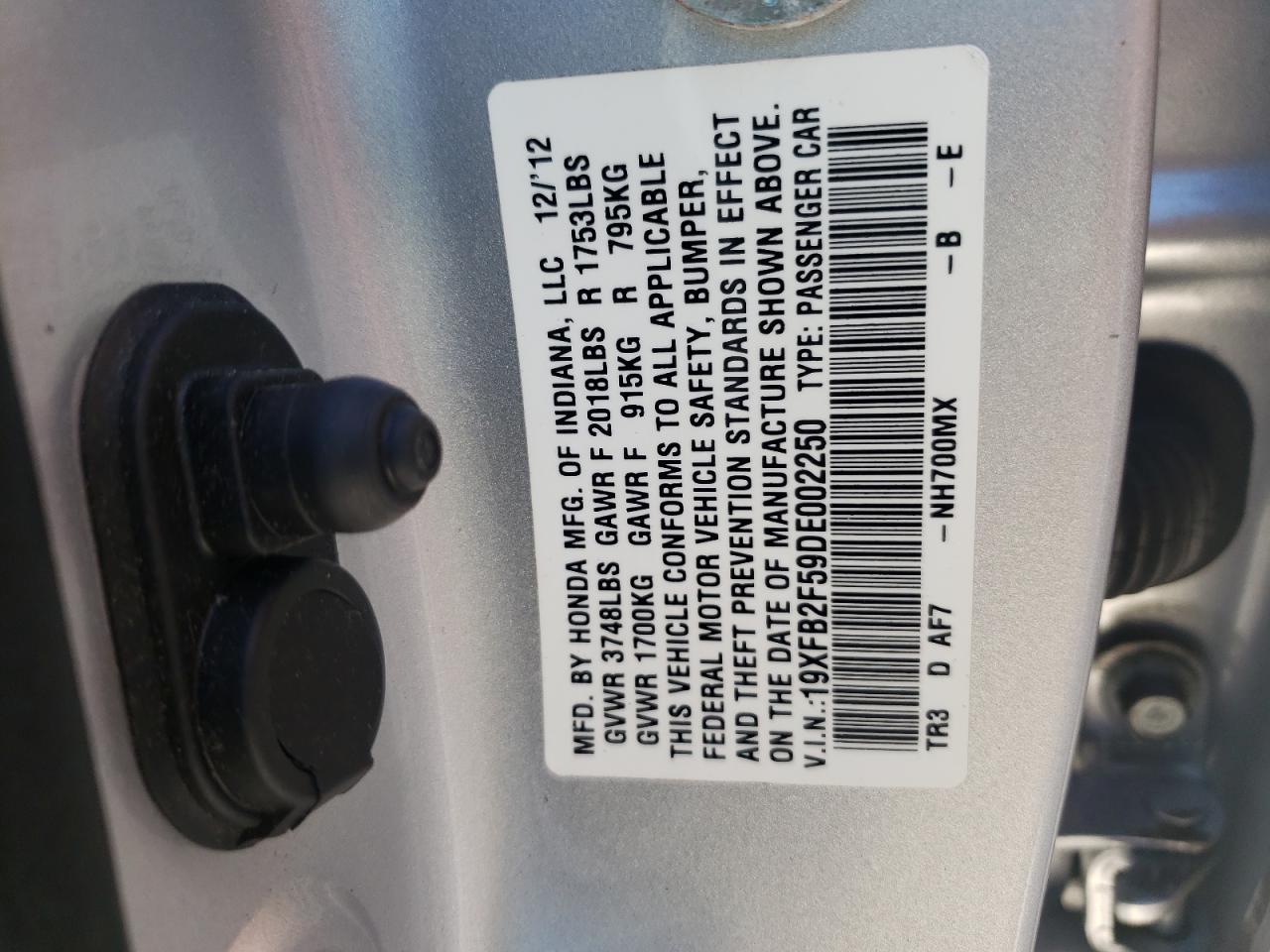 Photo 10 from auction – 2013 HONDA CIVIC LX with VIN 19XFB2F59DE002250