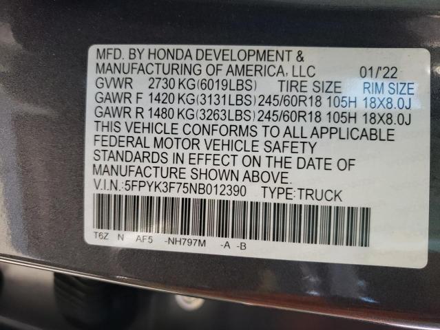 Photo 10 from auction – 2022 HONDA RIDGELINE with VIN 5FPYK3F75NB012390