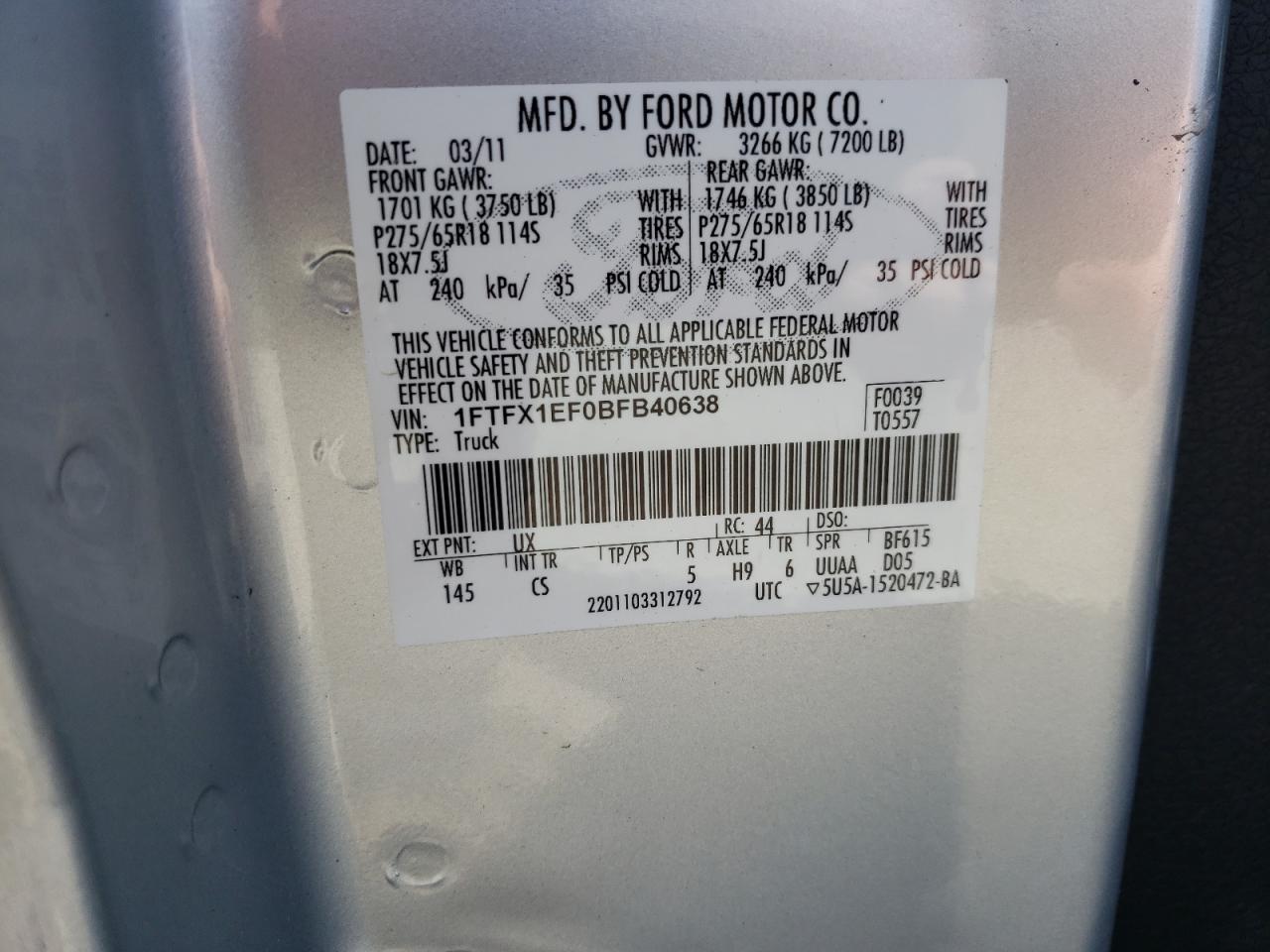 Photo 10 from auction – 2011 FORD F150 SUPER with VIN 1FTFX1EF0BFB40638