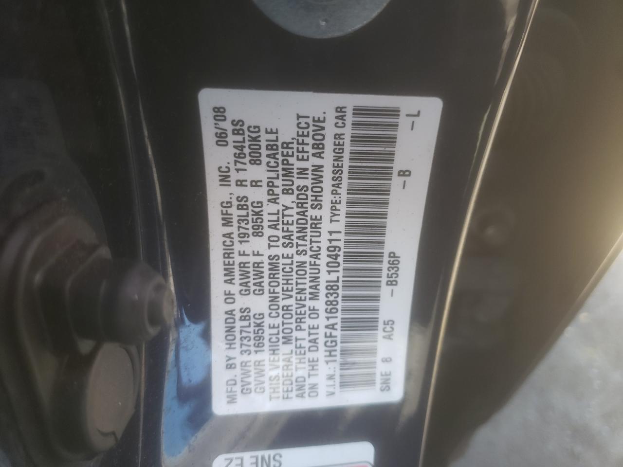 Photo 10 from auction – 2008 HONDA CIVIC EX with VIN 1HGFA16838L104911