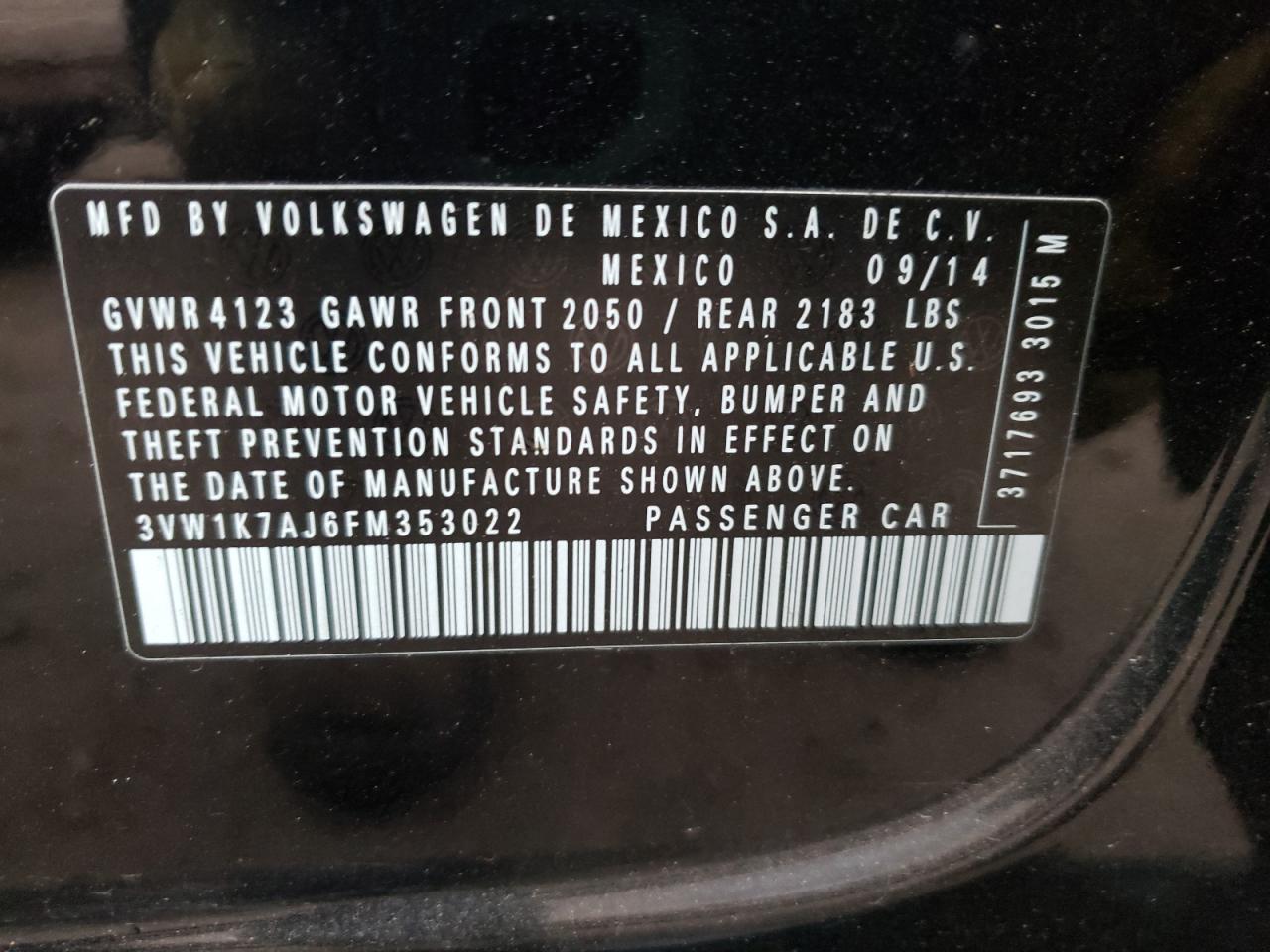 Photo 10 from auction – 2015 VOLKSWAGEN JETTA BASE with VIN 3VW1K7AJ6FM353022