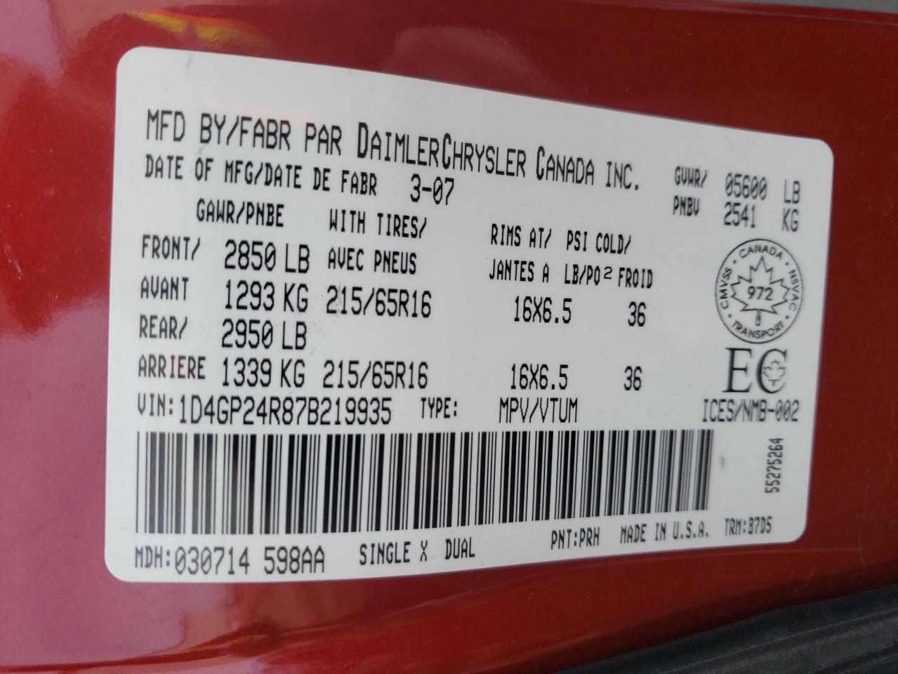 Photo 10 from auction – 2007 DODGE GRAND CARA with VIN 1D4GP24R87B219935