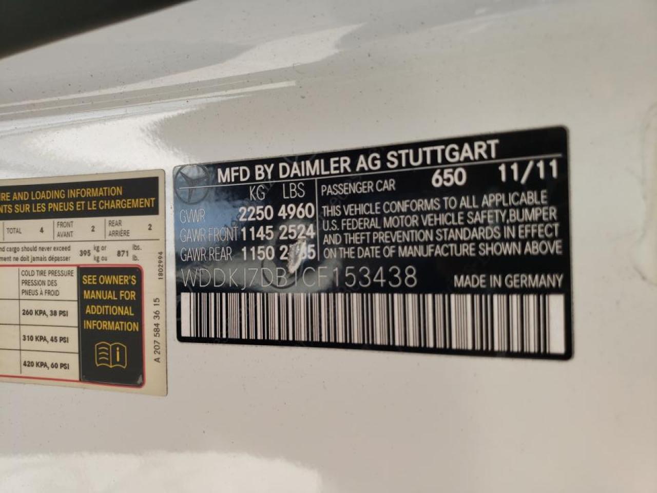 Photo 10 from auction – 2012 MERCEDES-BENZ E 550 with VIN WDDKJ7DB1CF153438