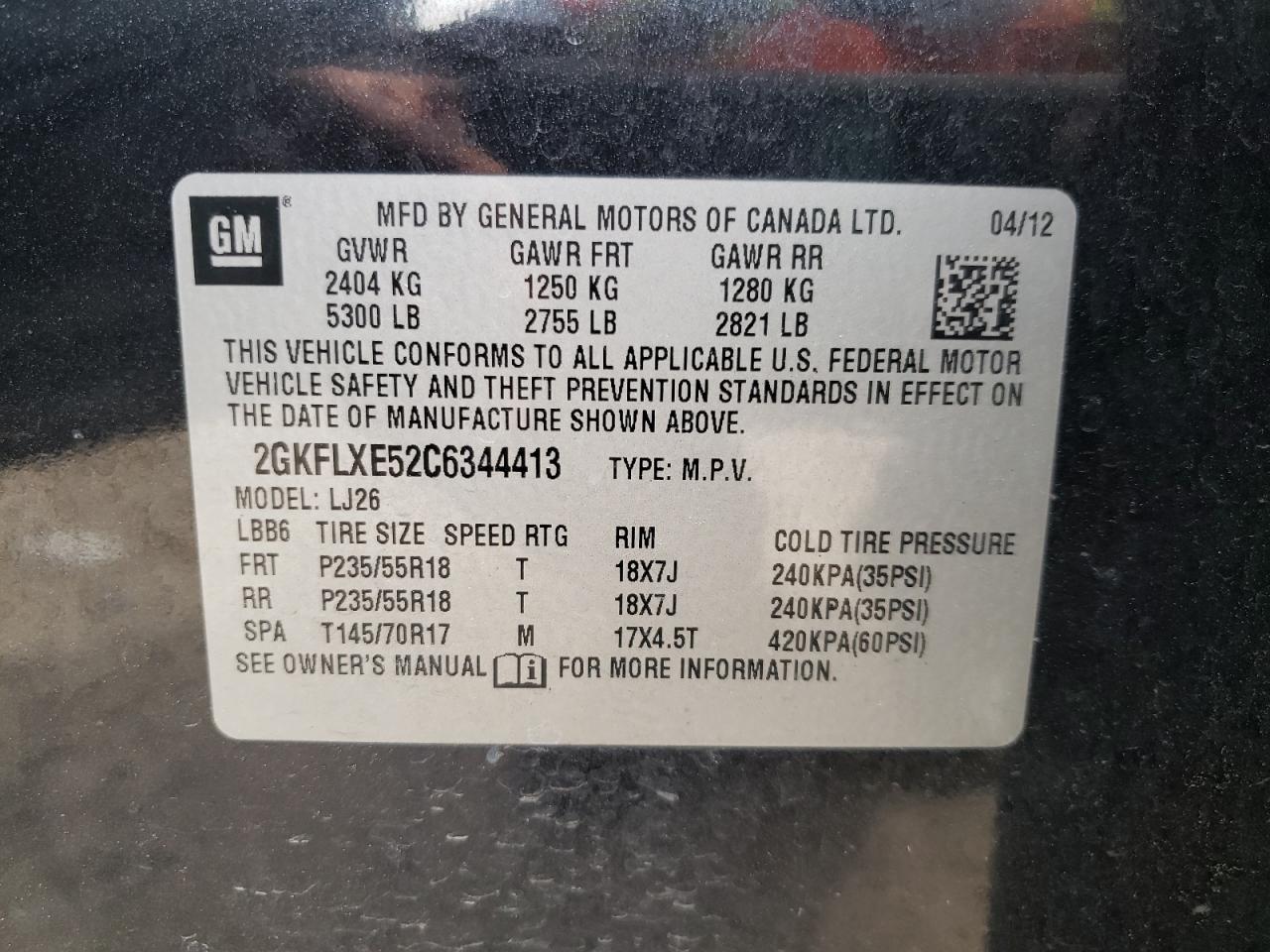 Photo 10 from auction – 2012 GMC TERRAIN SL with VIN 2GKFLXE52C6344413