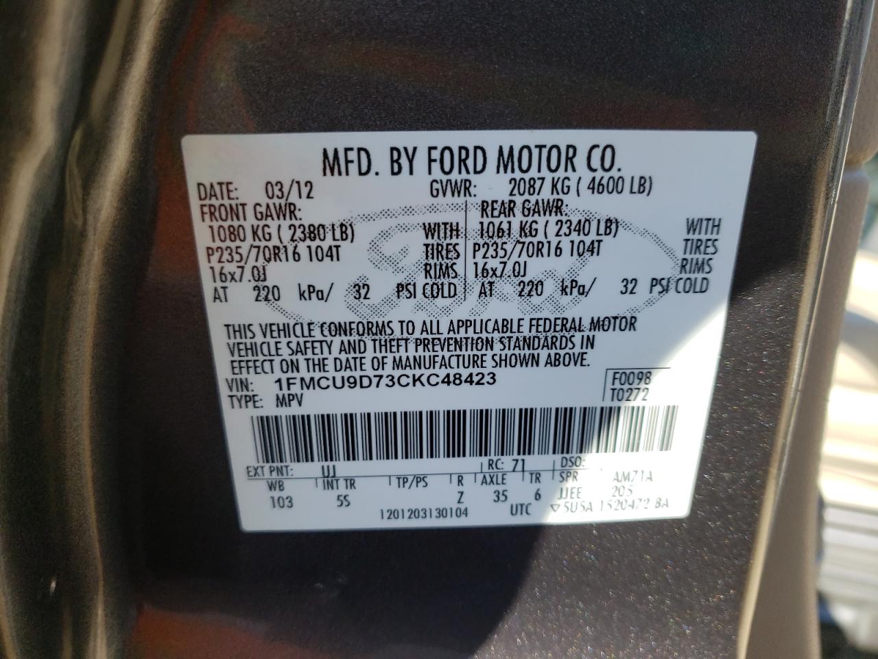 Photo 10 from auction – 2012 FORD ESCAPE XLT with VIN 1FMCU9D73CKC48423