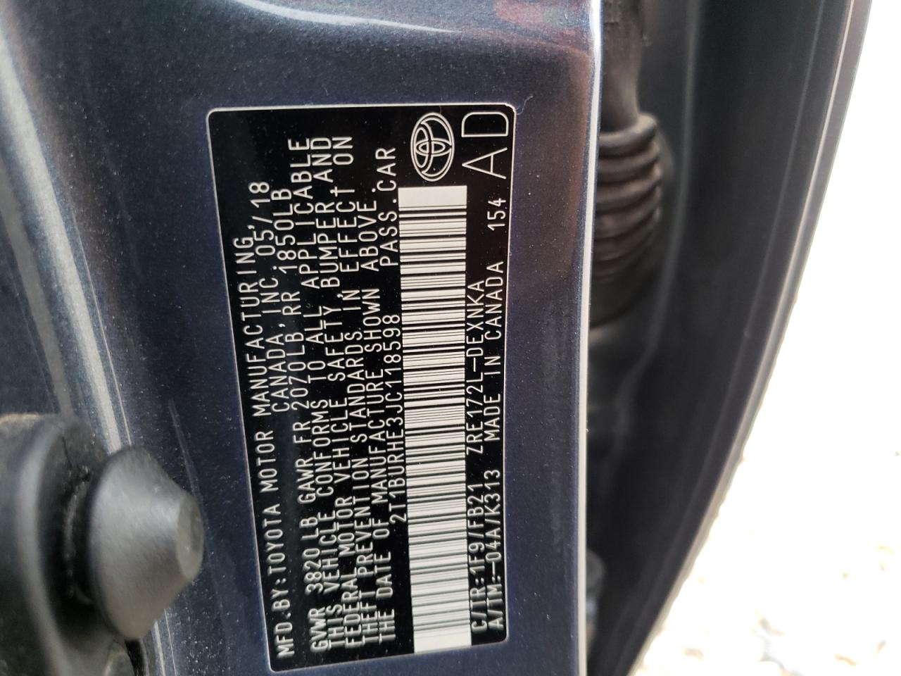 Photo 10 from auction – 2018 TOYOTA COROLLA L with VIN 2T1BURHE3JC118598