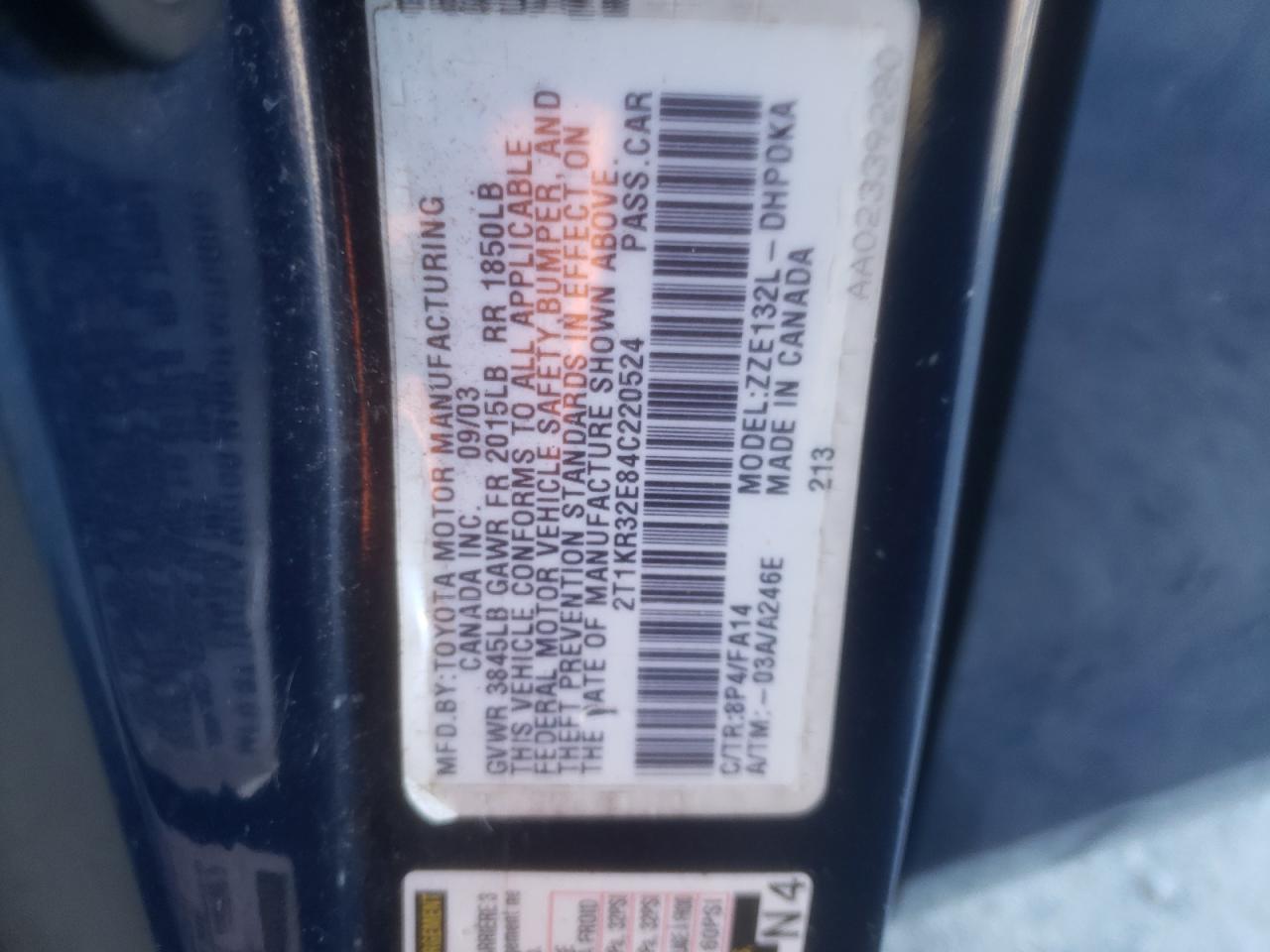 Photo 10 from auction – 2004 TOYOTA COROLLA MA with VIN 2T1KR32E84C220524