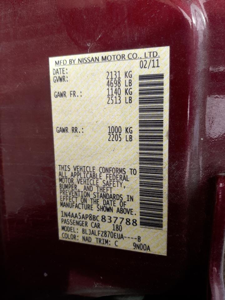 Photo 10 from auction – 2011 NISSAN MAXIMA S with VIN 1N4AA5AP8BC837788