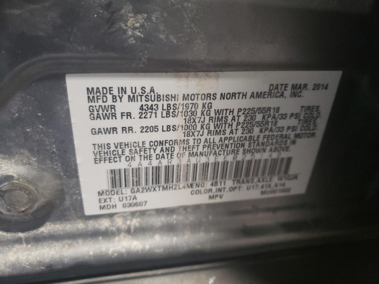 Photo 10 from auction – 2014 MITSUBISHI OUTLANDER with VIN 4A4AR3AU3EE025149
