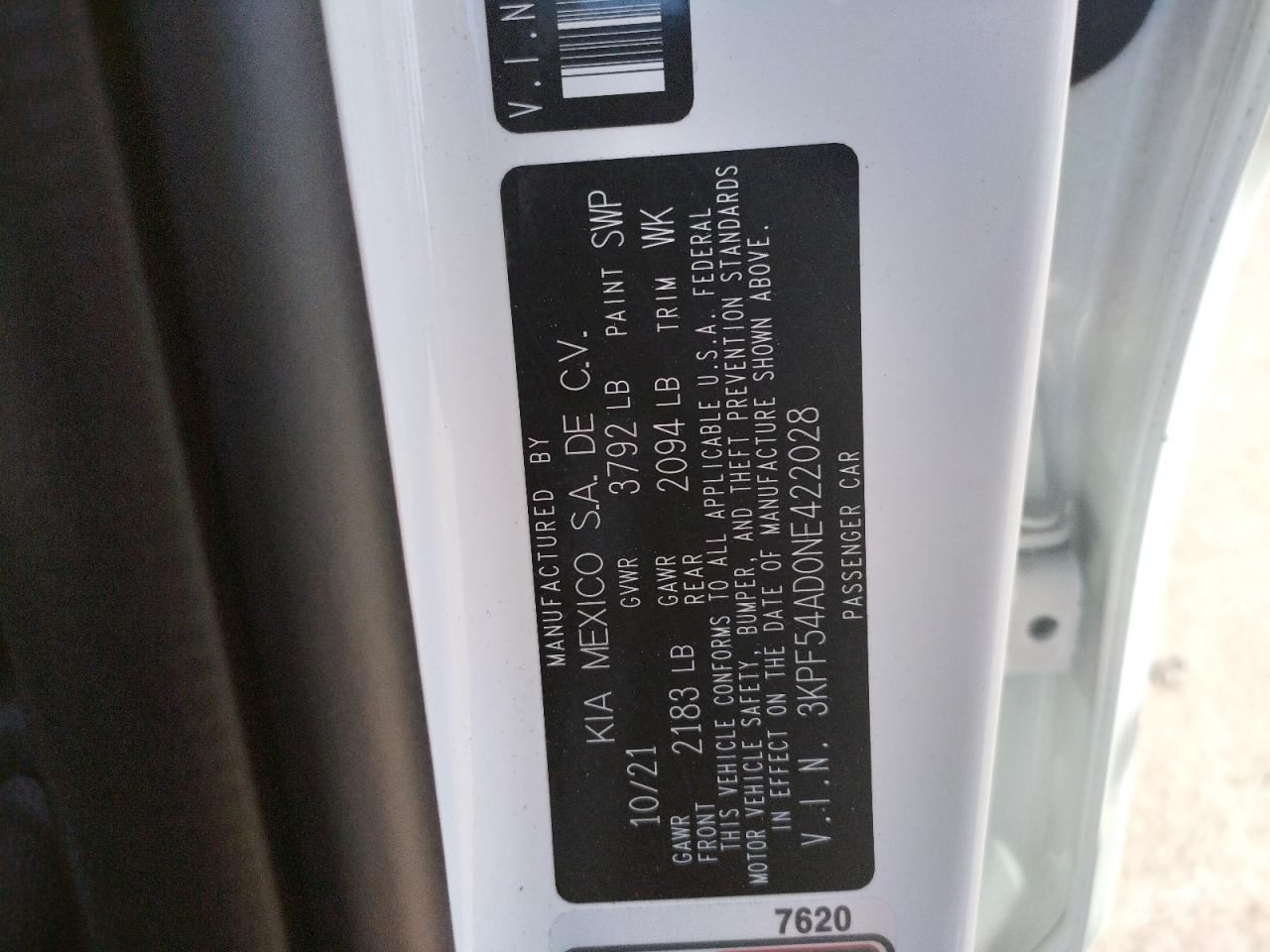 Photo 10 from auction – 2022 KIA FORTE EX with VIN 3KPF54AD0NE422028