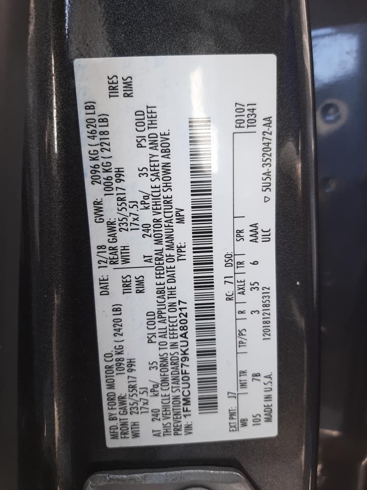 Photo 10 from auction – 2019 FORD ESCAPE S with VIN 1FMCU0F79KUA80217