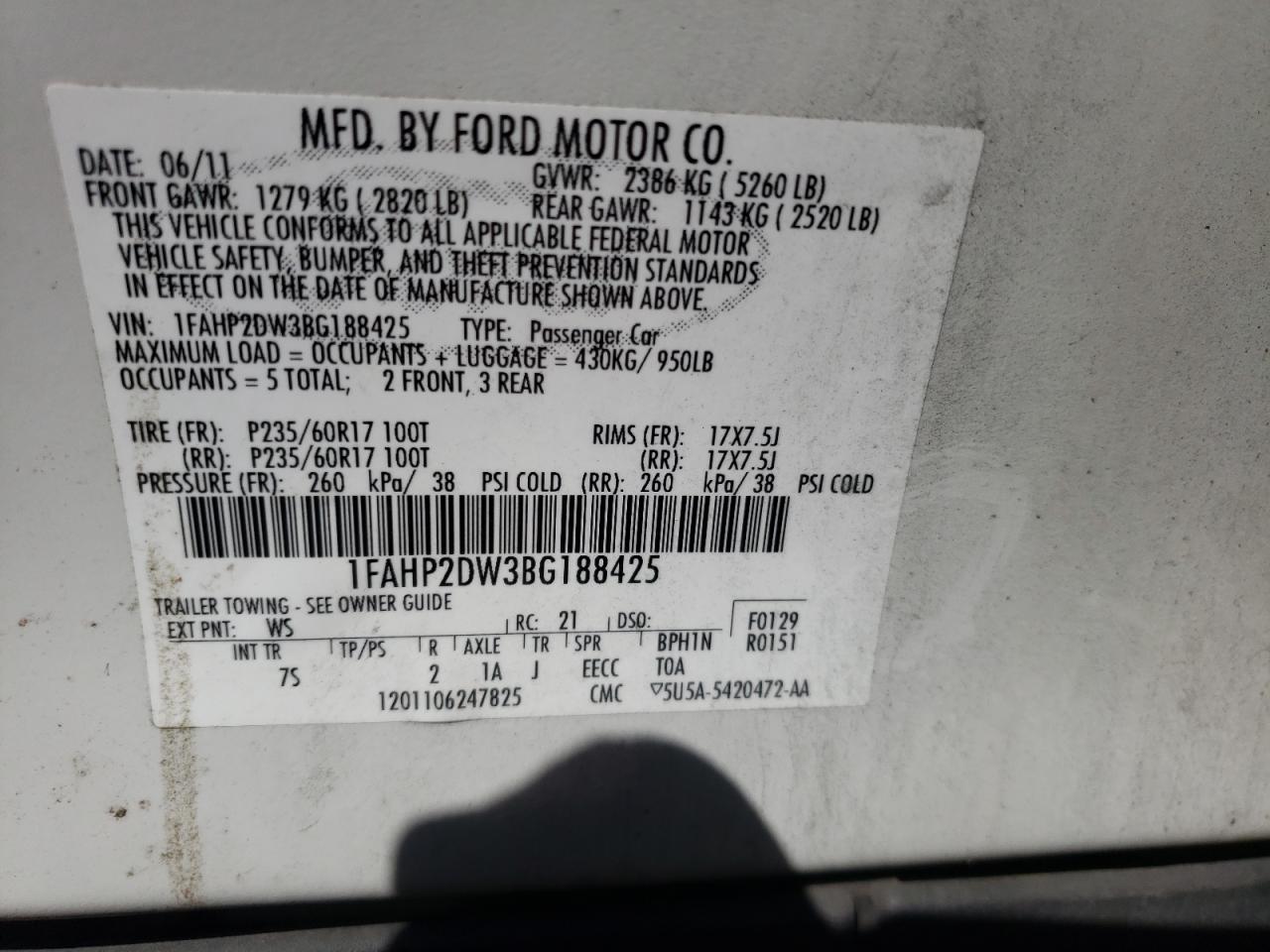 Photo 10 from auction – 2011 FORD TAURUS SE with VIN 1FAHP2DW3BG188425