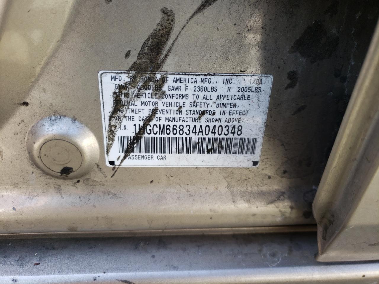 Photo 10 from auction – 2004 HONDA ACCORD EX with VIN 1HGCM66834A040348
