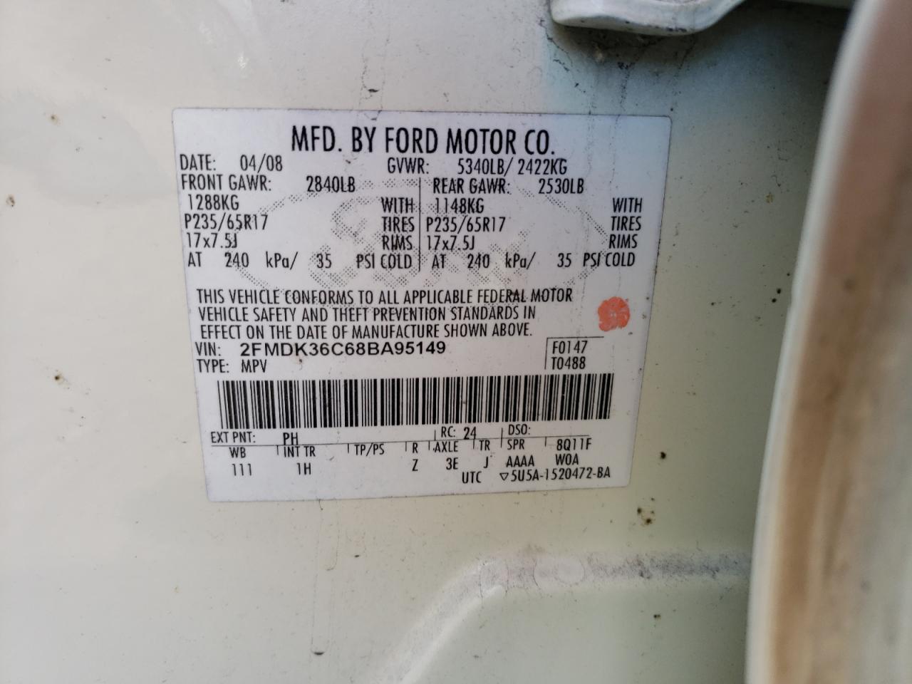 Photo 10 from auction – 2008 FORD EDGE SE with VIN 2FMDK36C68BA95149