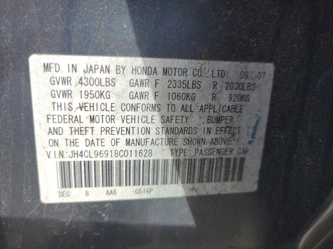 Photo 10 from auction – 2008 ACURA TSX with VIN JH4CL96918C011628