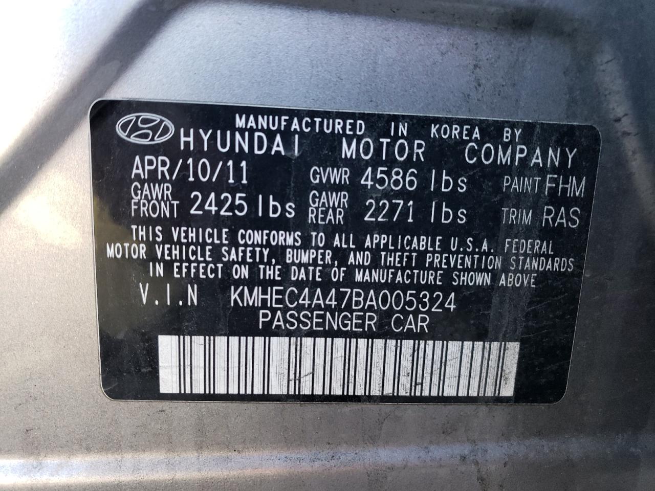 Photo 10 from auction – 2011 HYUNDAI SONATA HYB with VIN KMHEC4A47BA005324