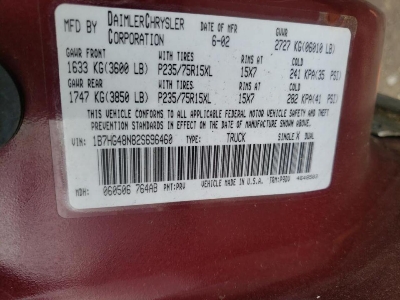Photo 10 from auction – 2002 DODGE DAKOTA QUA with VIN 1B7HG48N82S696460