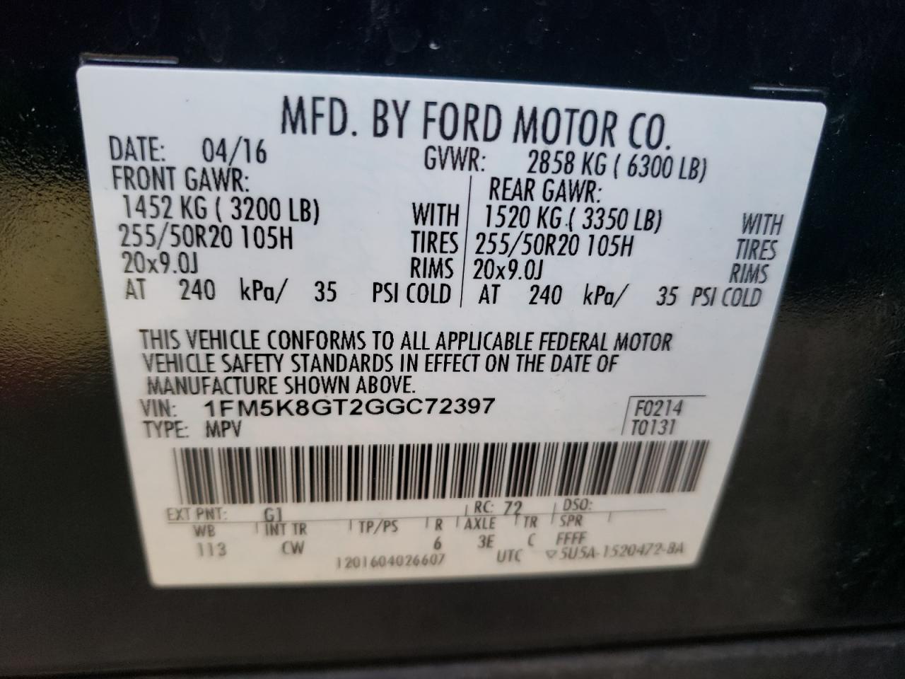 Photo 10 from auction – 2016 FORD EXPLORER S with VIN 1FM5K8GT2GGC72397