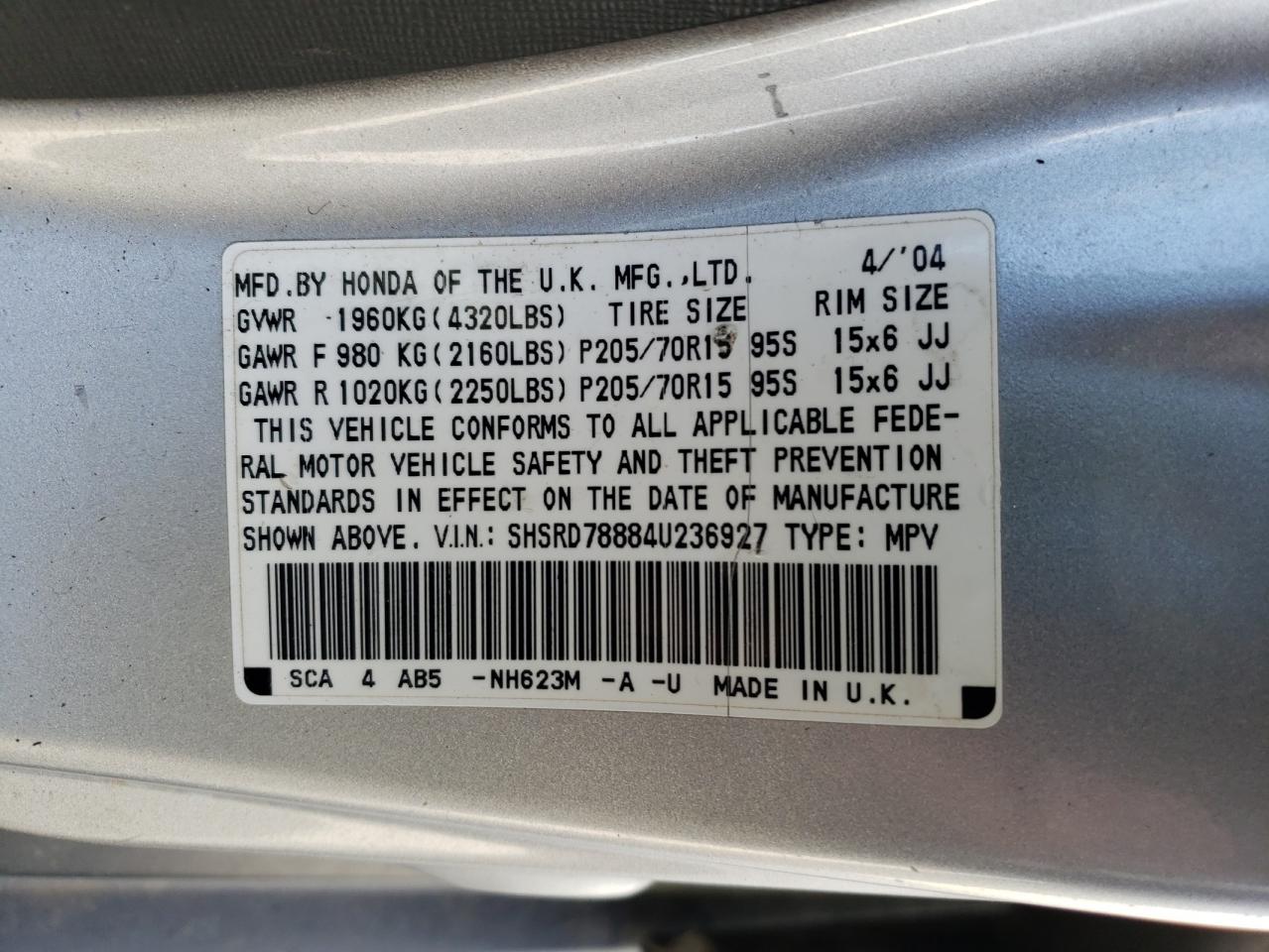 Photo 10 from auction – 2004 HONDA CR-V EX with VIN SHSRD78884U236927