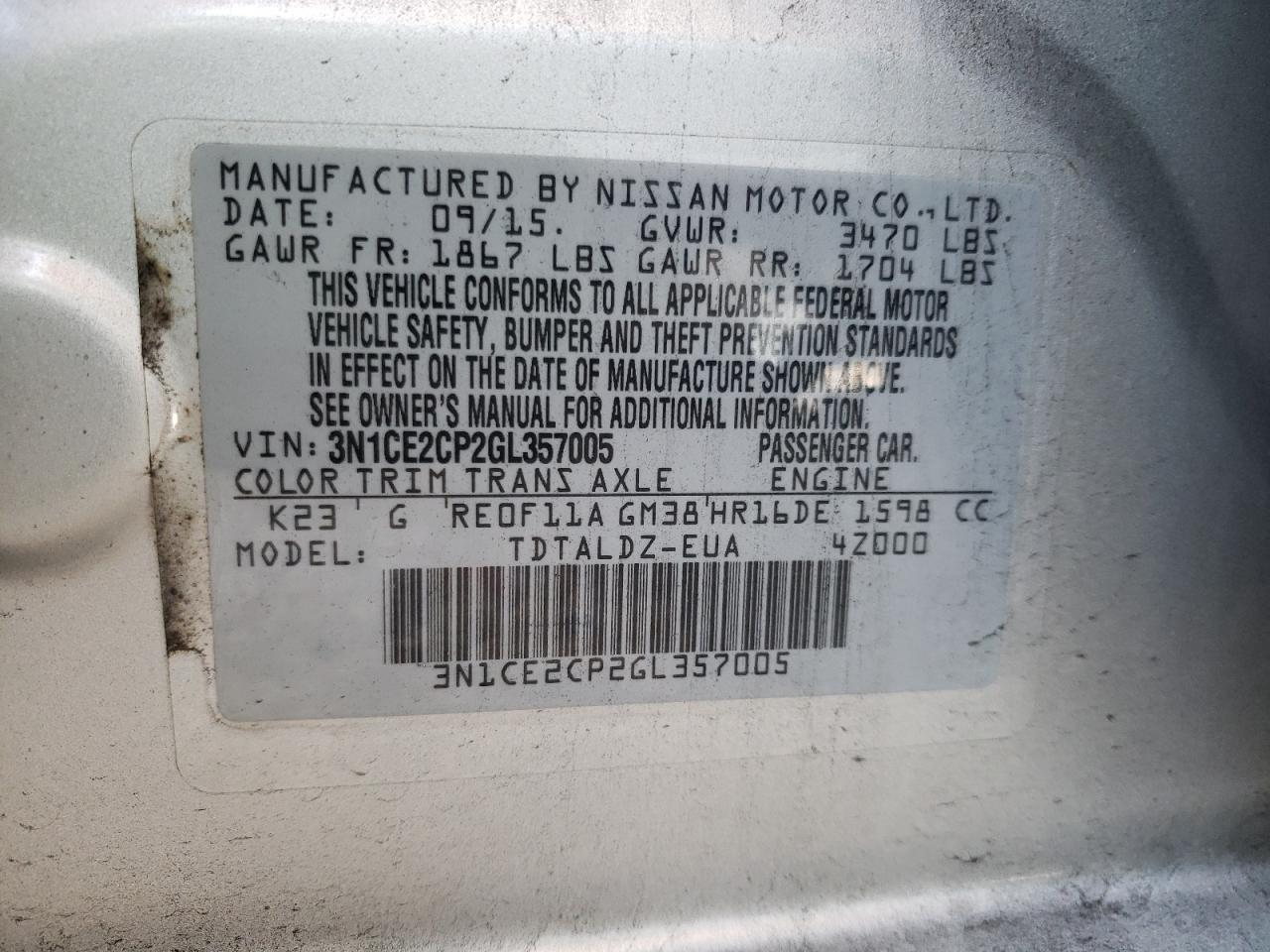 Photo 10 from auction – 2016 NISSAN VERSA NOTE with VIN 3N1CE2CP2GL357005