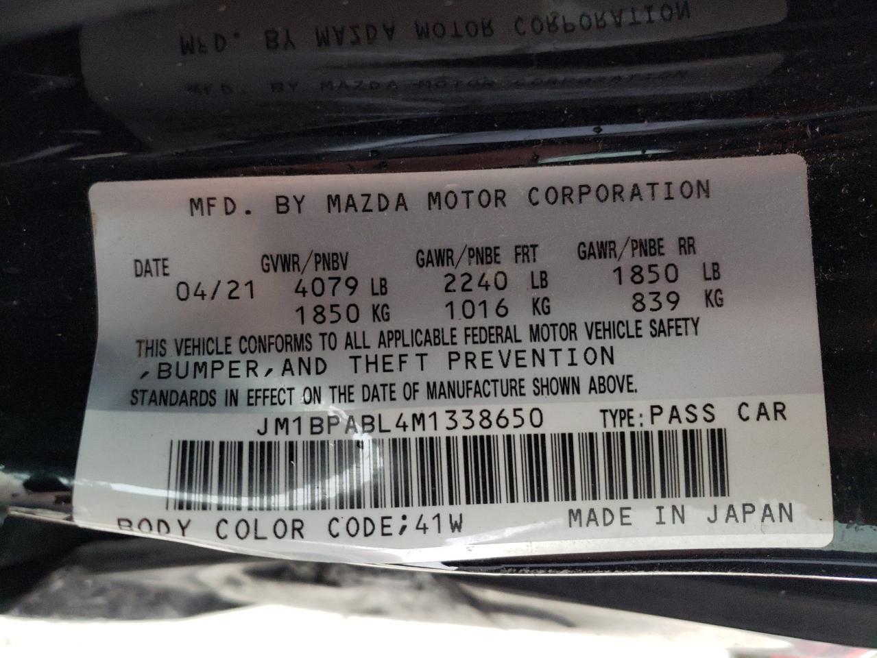 Photo 10 from auction – 2021 MAZDA 3 SELECT with VIN JM1BPABL4M1338650